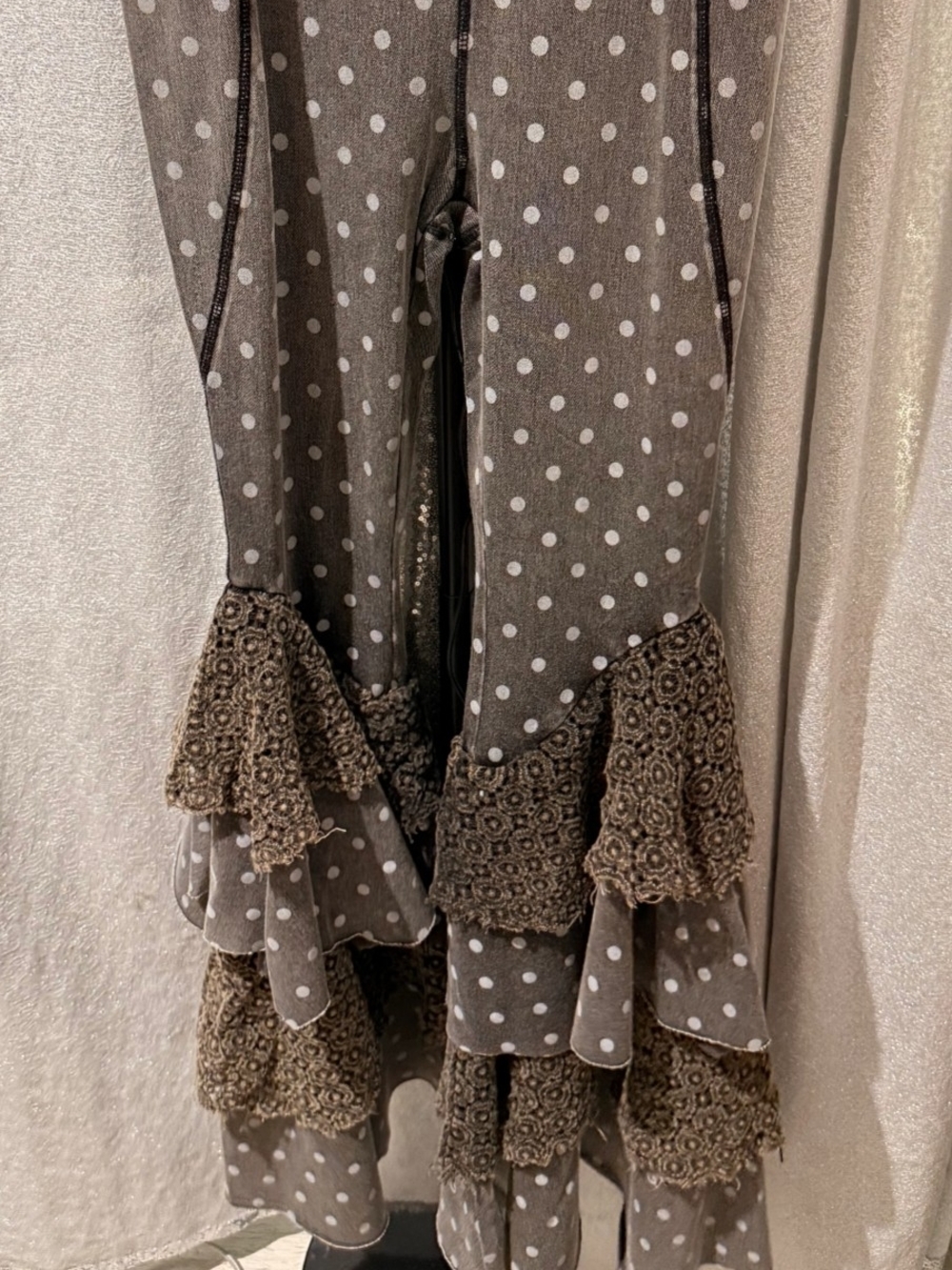 Polka Dot Ruffle Layered Bell Bottom Pants - Gray